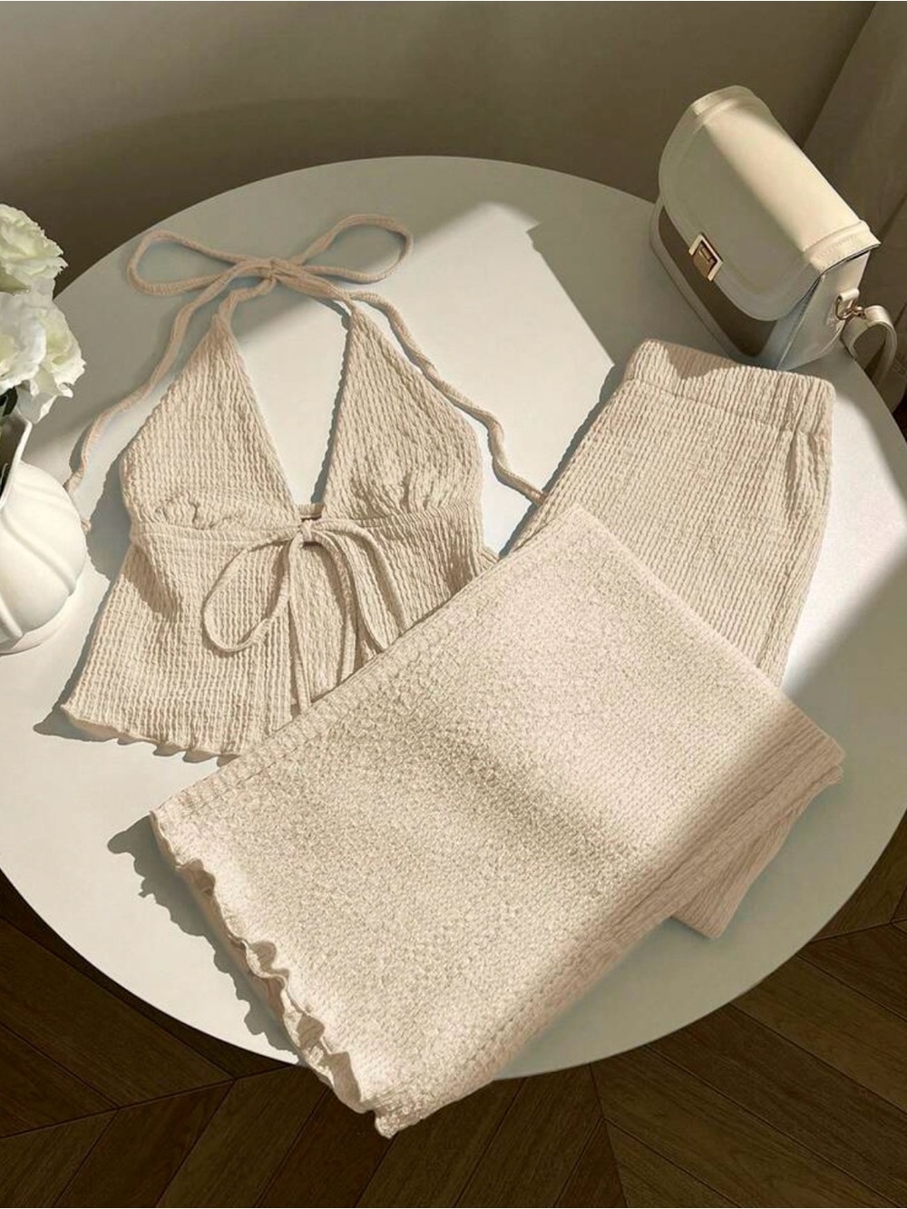 SHEIN 2-Piece Crinkle Gauze Halter Crop Top Wide Leg Pant Set Small Apricot NEW